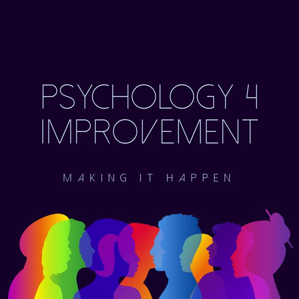 The final iteration of the P4I logo, with the text 'Psychology 4 Improvement' - Making it happen'. Along the bottom line of the image is a series of overlapping outlines of people, in a range of colours.