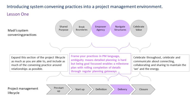 Image outlining Lesson one: Combining Madi's system convening practices with a project management lifecycle.