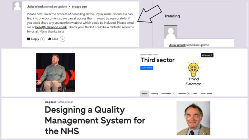 A series of screen grabs from the Q website: Julia Wood's post in the group, the Third Sector group and Tom Rose's blog.