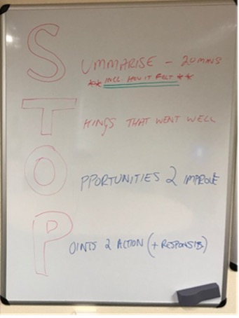 An image of a whiteboard with STOP written vertically as an acronym:S - summaries T - Things that went well O - Opportunities to improve P - Points to action (and response)