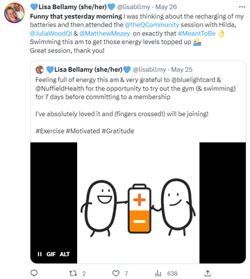Lisa Bellamy's post on X, formerly known as Twitter. The post reads: Funny that yesterday morning, I was thinking about the recharging of my batteries and then attended the @TheQCommunity session with Hilda. @JuliaWoodQI & <a class='bp-suggestions-mention' href='https://q.health.org.uk/community/directory/matthewmezey/' rel='nofollow' srcset=