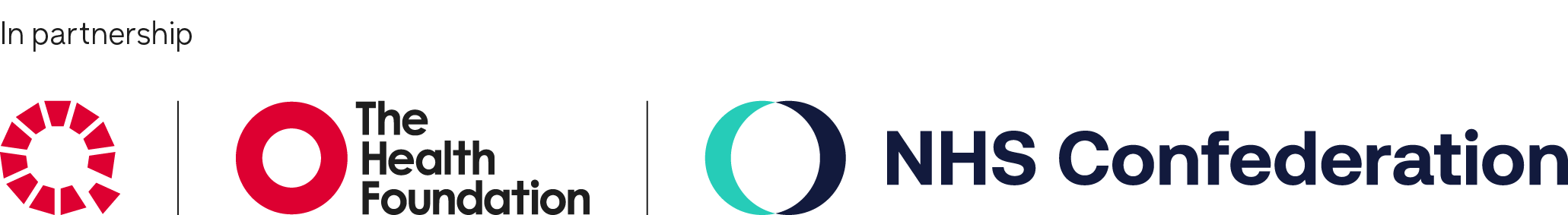 A logo lock up showing the Q, Health Foundation and NHS Confederation logos