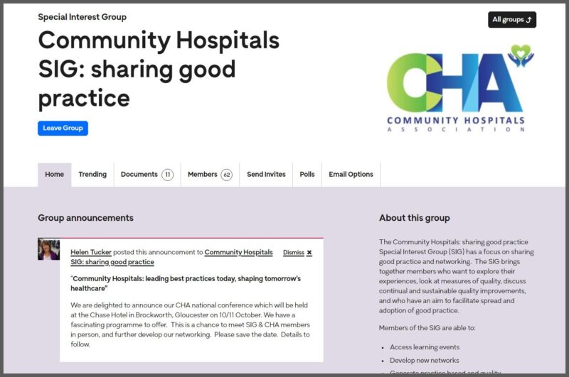 The image is of the Community Hospitals Special Interest Group webpage.